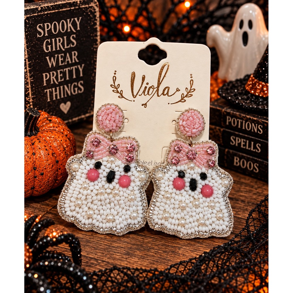 Pink Ghost Earrings Halloween Seed Bead Bow Rhinestone Pearl Statement Dangle
